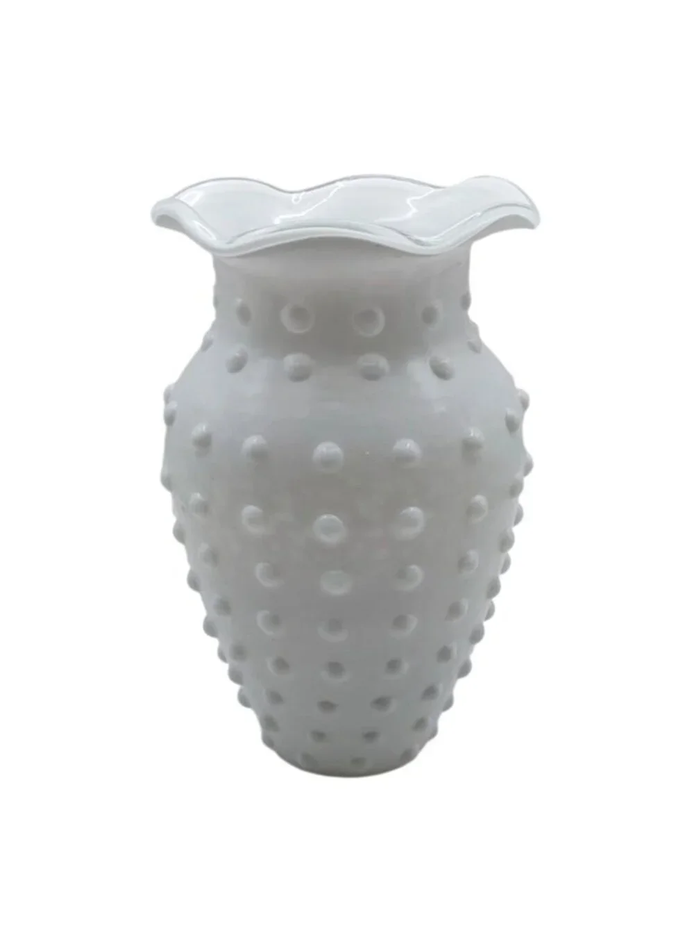 Hand Blown Glass Vase White Hobnail Textured Ruffled Studio Art Retro Vintage
